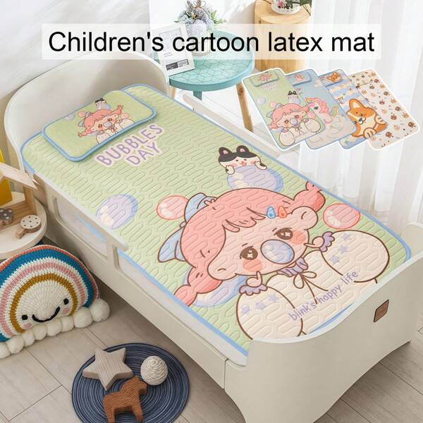 Set de 2 piezas de ropa de cama de verano refrescante de bebé, colchoneta y funda de almohada de látex transpirable, colchoneta de enfriamiento para niños pequeños, con estampado de dibujos animados lindos, para dormitorio infantil, regalo para vacaciones/cumpleaños