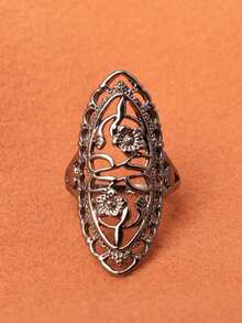 1pc Hollow Flower Design Long Ring, Antique Silver Plated Alloy, Multi-Color Options - White K - View 10