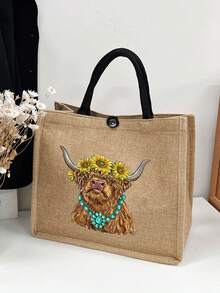 亚麻手提包、零钱包、个性化礼品包、卡通趣味多功能手提包、带黑色扣的黄色亚麻手提包、购物袋、化妆包、杂物收纳包、大容量、便携、时尚单品、大小包组合、适合生日、海滩、节日，是送给女性、老师、朋友、学生、返校、宰牲节的完美礼物