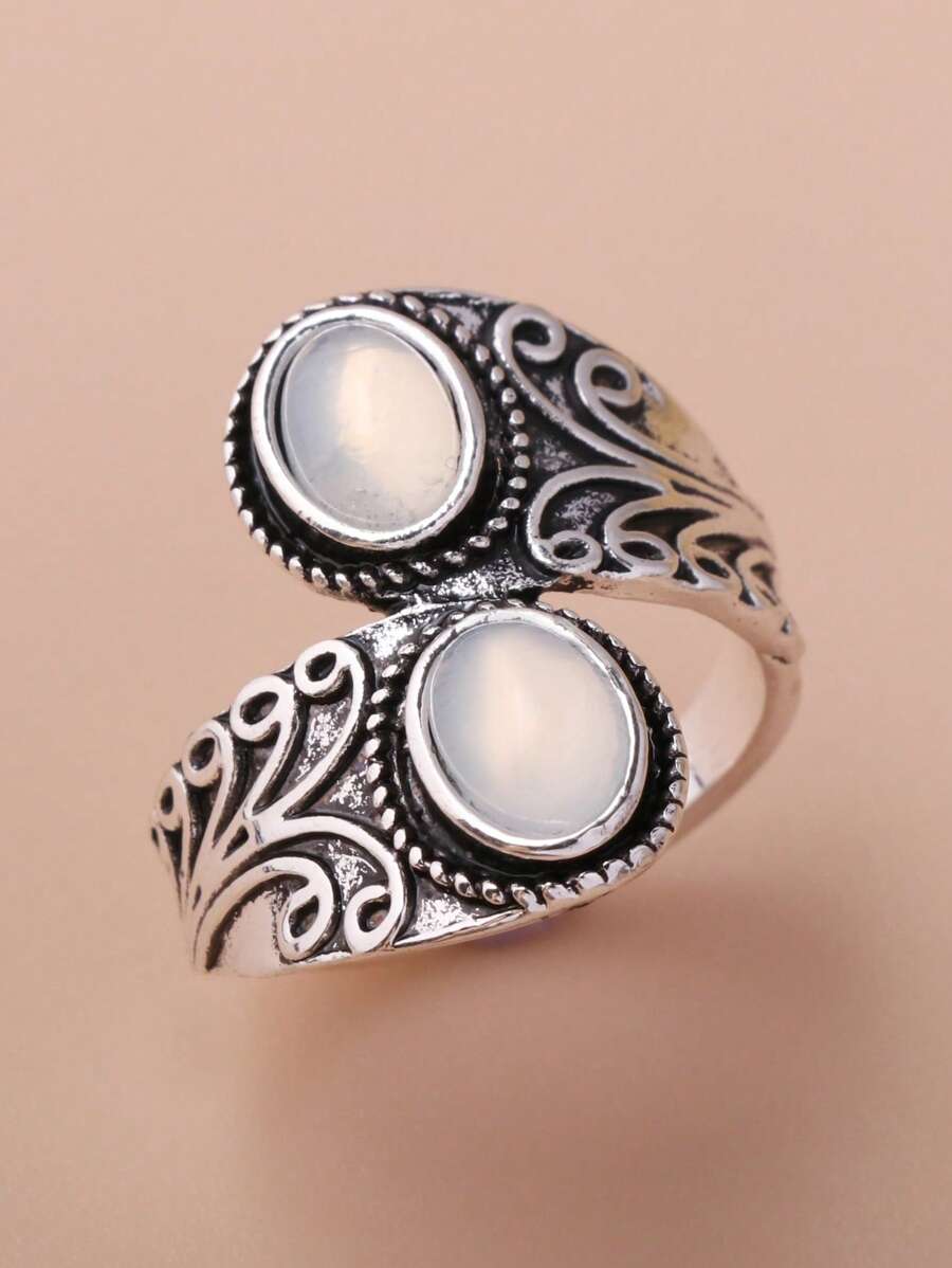 1 Stück versilberter ovaler Harzring, modischer Damen-Fingerring mit Kunstedelstein, mehrfarbig