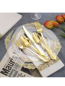 75-Piece Golden Dragon Pattern Party Decorative Cutlery Set (Repeatable For Cleaning), Including 25-Piece Cutlery Knife, 25-Piece Fork, 25 Tablespoons, High-Quality Wedding Cutlery Including Large Events, Parties, Birthdays, Dinners, New Year And New Year And New Year's Wedding And New Year