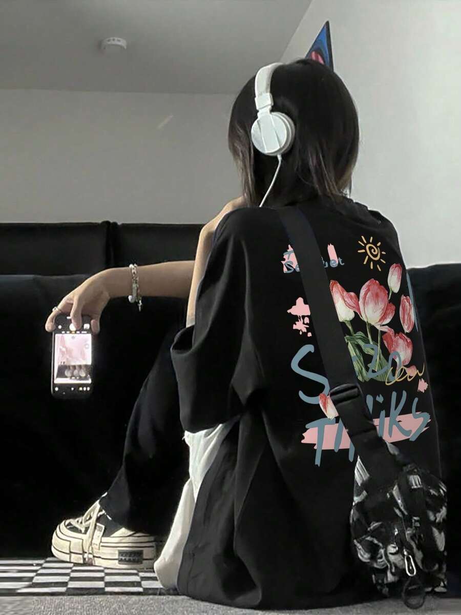 200g Pure Cotton T-Shirt 2025 Summer Ladies New Short Sleeve Pure Cotton Holiday Pattern Short Sleeve Round Neck Couple Wear Small Shirt Tops - 黑色 - 查看 1