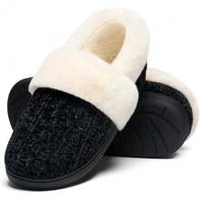 New-  Women's Fuzzy Memory Foam Slippers, Clo Back Knit Beroom Slippers, Slip-On Warm Hou Sho For Inoor & Outoor Comfort - Black - View 1