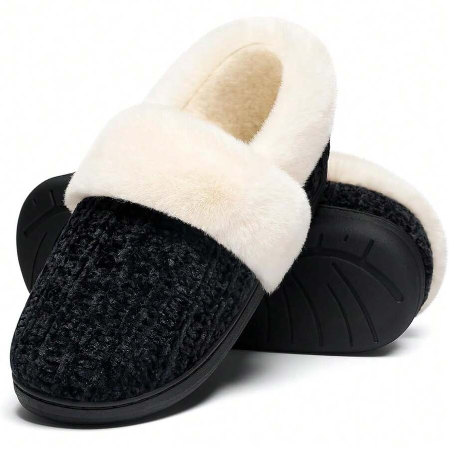New-  Women's Fuzzy Memory Foam Slippers, Clo Back Knit Beroom Slippers, Slip-On Warm Hou Sho For Inoor & Outoor Comfort - Black - View 1