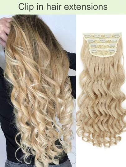 Extensões de Cabelo com Presilha, Extensões de Cabelo com Presilha Onduladas de 20 Polegadas 4 Peças, Fibra Sintética Macia Natural, Apliques de Cabelo com Presilha para Uso Diário de Mulheres (Dourado)