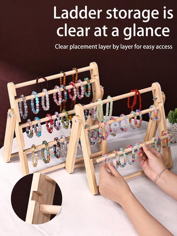 1pc Desktop Vertical Wooden Jewelry Stand, 3-Tier/4-Tier Daily Jewelry Display Rack For Necklaces, Bracelets, Beaded Strings, Pendants. Foldable, Portable, Detachable Design, Easy Installation, Suitable For Jewelry Stores And Home Use, Men's Watch Storage, Women's Hair Accessories Display