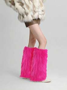 1 Pair Women's Retro Y2K Style Faux Fur Leg Warmers, Warm Furry Boot Cuffs In Purple And Yellow Plush Covers, Vintage Luxury Spice Design, Perfect For Winter, Christmas, Easter Or Special Occasions, Cozy - Multicolor - View 4