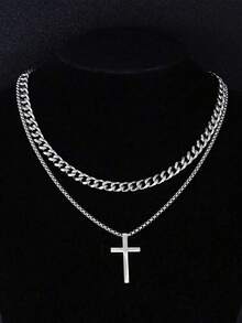 2 件不锈钢十字架和几何吊坠项链套装，时尚百搭街头风格，特别的生日礼物 - 銀色 - 查看 16