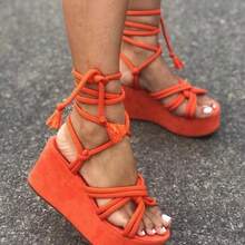 Women's Shoes 2025 Summer Fish Mouth Strap Wedge Sandals European And American Style Large Size Thick Sole Shoes - 桔色 - 查看 5