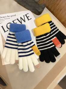 kissyouths 条纹休闲涤纶保暖手套，男女通用户外休闲手套，时尚秋冬手套 - 彩色 - 查看 11