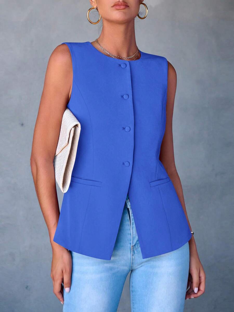 Women's Summer Suit Vest Top Formal Business Casual Sleeveless Button Slimming All Fashion Suit Jacket Vest - 藍色 - 查看 1