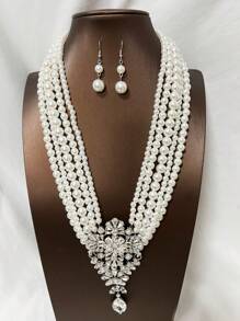 1 Set elegantes koreanisches Stil funkelndes Strass- & Perlen-Mehrschicht Halsketten- & Ohrringe Set, luxuriöser Retro Formeller Kleid Schmuck für Bühne, Party, Feiertage, Alltag