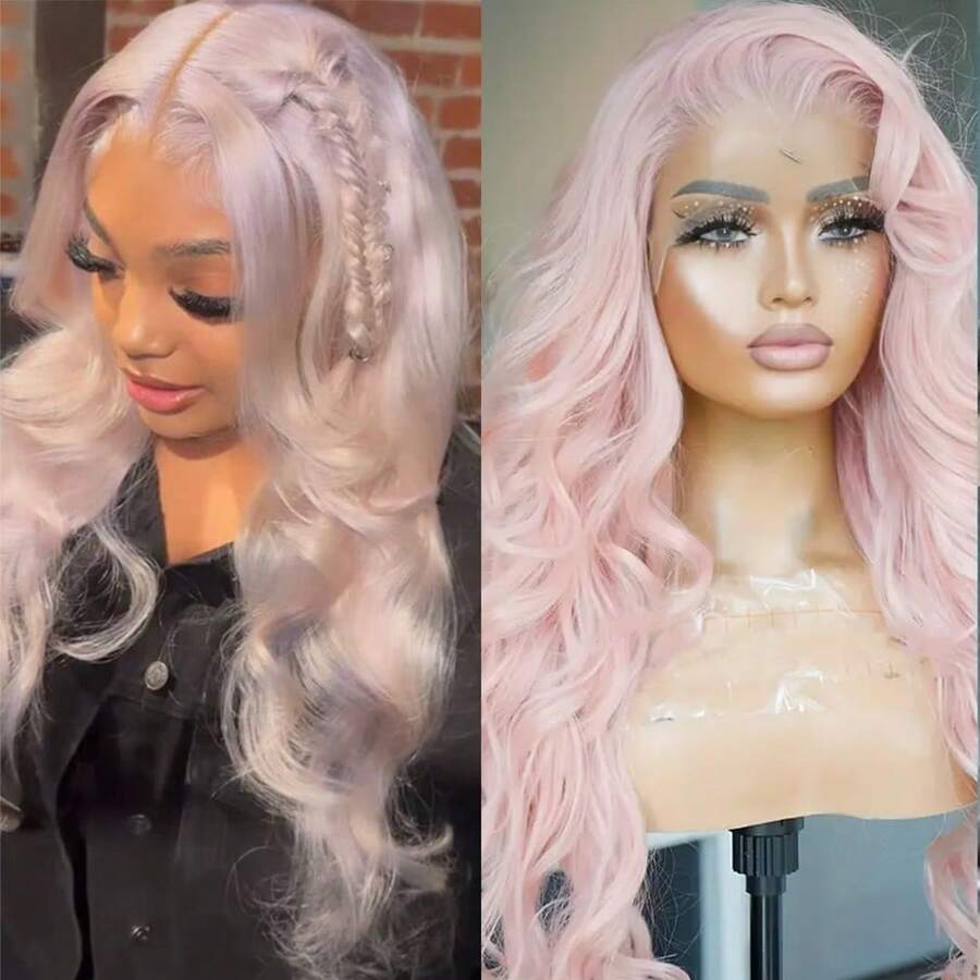13X4 Free Part Ombre Pink Body Wave Synthetic Lace Front Wigs For Women 28 Inch Long Wavy Hair Wigs Glueless Soft Pink Ombre Colored Wigs Heat Resistant Christmas Wig Natural Long Wave Lace Front Wigs For Daily Party Cosplay Use - Ice Pink - 查看 1