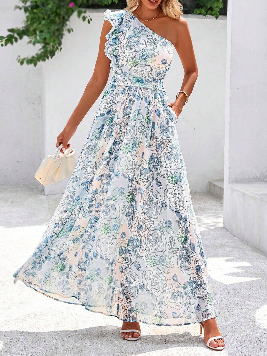 Women Summer Dress Floral One Shoulder Sleeveless Smocked Ruffle Flowy Long Dress With Pocket Boho Beach Vacation Holiday Wedding Guest Valentine Maxi Dress Outfits - 淺藍色 - 查看 1