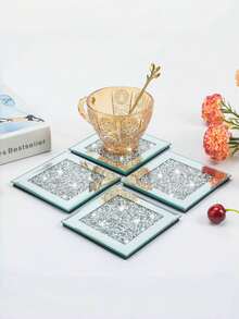 4pcs/Set Crystal Rhinestone Glass Coaster, Fashionable Noble Glass Mirror, Square Cup Mat For Tea Cup, Coffee Cup, Dining Table, Party Tabletop & Bar Decoration - Silver - View 7