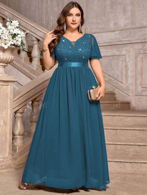 Vestido largo de fiesta formal con cuello en V profundo, encaje con lentejuelas, volantes, manga de malla y contraste de gasa