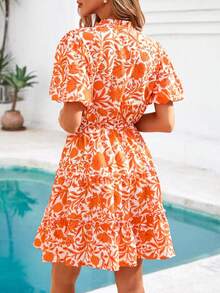 Women Summer Dresses Floral V Neck Short Sleeve Tiered Ruffle Swing Dress A-Line Mini Dresses Boho Hawaii Holiday Beach Dating Night Out Party Club Valentine Short Dress Outfits - quả cam - Xem 2