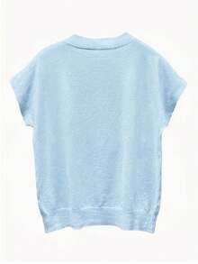 Finely-Spun New Loose Short Sleeve T-Shirt, Women Sleeveless Knitted Sweater, Solid Color Undershirt Summer - Light Blue - View 7