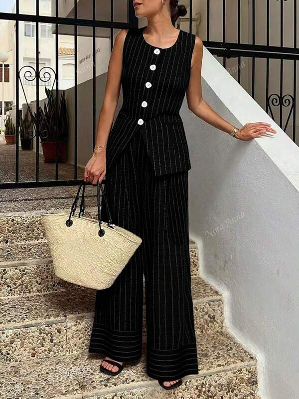 Women's Casual Business Commute Striped Top And Pants 2 Pieces Set