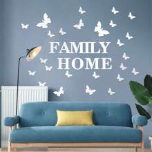 35 piezas Espejo Moderno Pegatinas de Pared FAMILY HOME con Calcomanías de Mariposas - Adhesivos Reusables Desprendibles de Acrílico para Paredes, Dormitorio, Sala de Estar, Decoración del Hogar, Diseño de Letras Artísticas