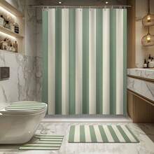 1/4pcs White And Green Stripe Theme Bathroom Curtain Set, Polyester Waterproof Shower Curtain, Bathroom Decor, Easily Washable Curtain With Hooks, Fashionable Door/Window Curtain, Shower Room Divider Curtain, Machine Washable Bathroom Accessories Back To School
