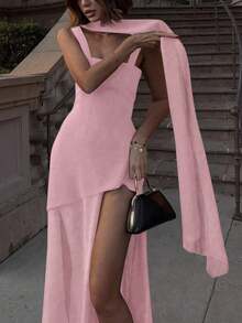 Women's Summer Solid Color Chiffon Patchwork Dress With Waist Tie Sash - Pink - View 6