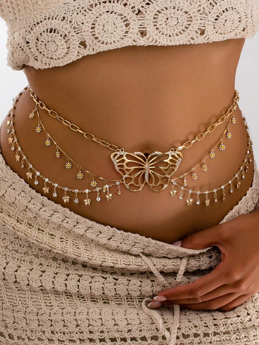 قطعة واحدة من سلسلة الخصر ذات الزهرة الذهبية المعدنية ثلاثية الأبعاد ذات الخمس أوراق، أنيقة وأنثوية وملائمة لإكسسوارات المناسبات الصيفية - بدون علبة هدية - ذهبي أصفر - مشاهدة 1