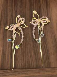 1 Pair Pink Crystal Butterfly Tassel Long Earrings, Unique Design Elegant Everyday Accessory