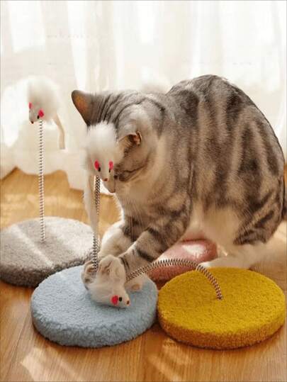 1 peça de brinquedo interativo para gatos, brinquedo interativo de cor aleatória, brinquedo de gato simulado com rato e molas, brinquedo interativo para gatos com base redonda, pequena prancha para arranhar, estrutura de escalada para gatos para uso interno, brinquedo para gatos que captura ratos