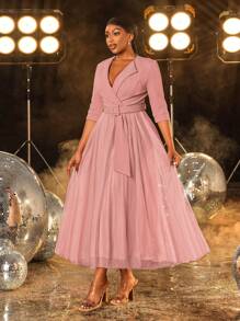 Faeriesty Elegante vestido de cóctel midi con cuello cruzado y cinturón