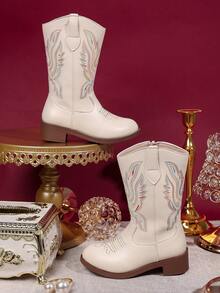 1 Pair Children's Flame Pattern, Sequin Trim, Faux Leather, Mid-Calf Zipper, Low Heel, Western Cowboy Style Boots, Suitable For Everyday/Party Wear - Beige - View 7