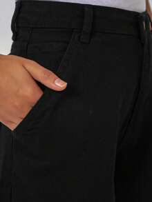 Women Solid Color Casual Elegant Party Pockets Drawstring Button Pants - Black - View 2