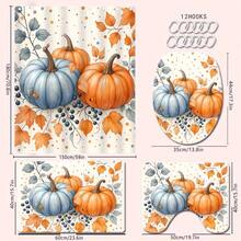 4 piezas Juego de cortina de ducha con tema de calabaza y hojas de otoño, cortina de baño impermeable y lavable de poliéster con ganchos, accesorios de baño, decoración de baño de vuelta al colegio - Multicolor - Ver 17