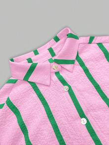 女士粉色条纹宽松雪纺衬衫，优雅开衫休闲衬衫，适合约会、春夏季的通勤时尚 - 粉綠色條紋 - 查看 5