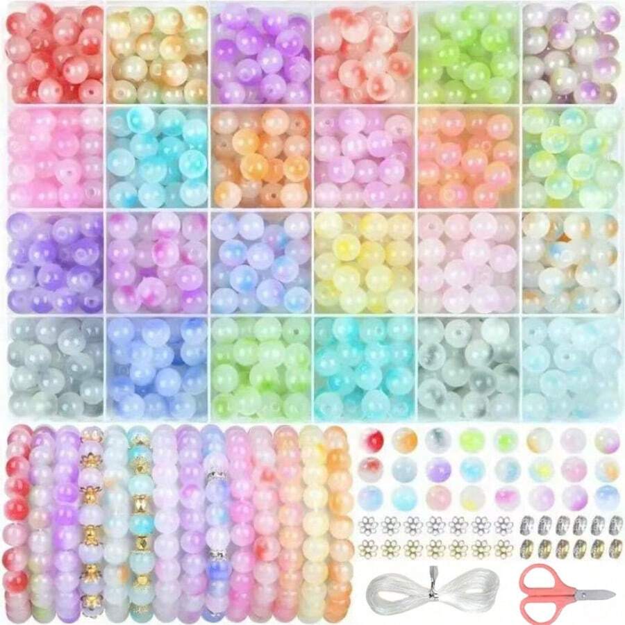 Bộ dụng cụ làm đồ trang sức bằng hạt thủy tinh tròn 360 hạt 8mm hai màu chuyển sắc, bao gồm dây xâu hạt, kéo, hạt đệm, dùng để làm vòng tay, vòng cổ, hoa tai, dây đeo điện thoại di động, đồ thủ công, quà tặng tiệc sinh nhật (Màu ngẫu nhiên) Bộ xâu hạt thích hợp cho người mới bắt đầu - màu gradient - Xem 1