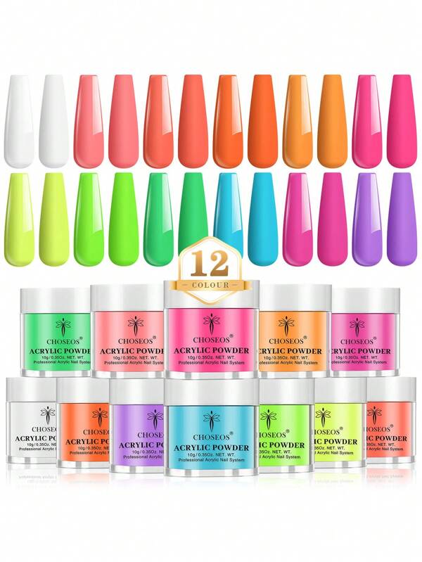 CHOSEOS 12 Colors Neon Acrylic Nail Powder Set, Salon-Grade Nail Art At Home, Perfect For Beginners And Professionals