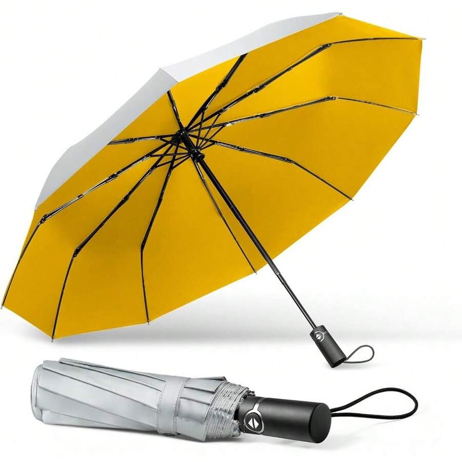Large Windproof Umbrella, Wind Resistant Compact Travel Folding Umbrellas, Ladies Auto Open Close Strong Wind Proof Rain Proof With 10 Ribs Golf Umbrella Collapsible For Men Women - Yellow&Silver - View 1