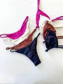 Triangle Bikini With Double String And RING - Ribbon Mark Summer Beach Holidays - 白色 - 查看 3