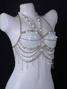 Unisex Sexy Body Chain, Pearl Necklace Lingerie, Alluring Exotic Transparent Bra Decor, Suitable For Party, Holiday, Nightclub, Music Festival - A - 查看 7