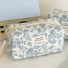 3pcs Makeup Bag Quilted Cosmetic Bag Silk Ribbon Large Floral Make Up Bag For Women Bow Cotton Makeup Bag Set Flower Travel Toiletry Bag - Màu xanh lam - Xem 3
