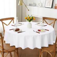1pc Round Tablecloth, White, Machine Washable Linen-Polyester Decorative Tablecloth, Suitable For Dining Table, Party, Banquet And Wedding