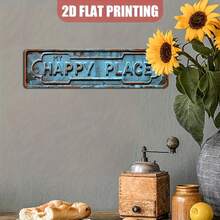 1 件 2D 平面复古“我的快乐之地”金属标牌 - 质朴的蓝绿色复古墙面装饰，非常适合家庭、酒吧、咖啡厅、车库、门廊和户外空间，金属墙面艺术装饰 - 孔样式随机