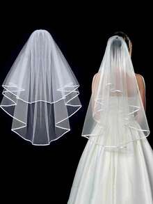 1 件双层简约新娘面纱，带缎面饰边，手工制作，适合婚礼，四季皆宜 - 白色 - 查看 1
