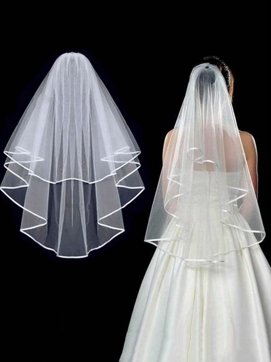 1 件双层简约新娘面纱，带缎面饰边，手工制作，适合婚礼，四季皆宜 - 白色 - 查看 1