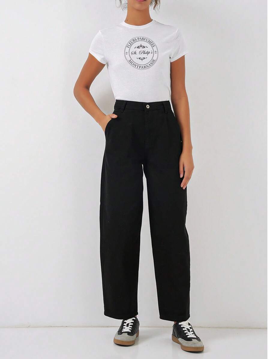 Women Solid Color Casual Elegant Party Pockets Drawstring Button Pants - Black - View 1