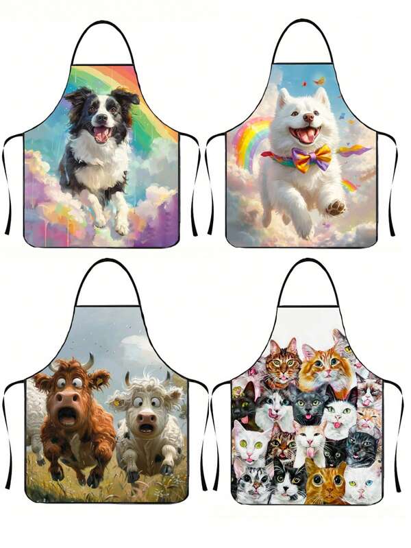 1pc Fashionable & Fun Cartoon Cloud, Rainbow, Dog, Cat, Cow Graphic Apron, Suitable For Kitchen Cooking, Baking, Outdoor Bbq