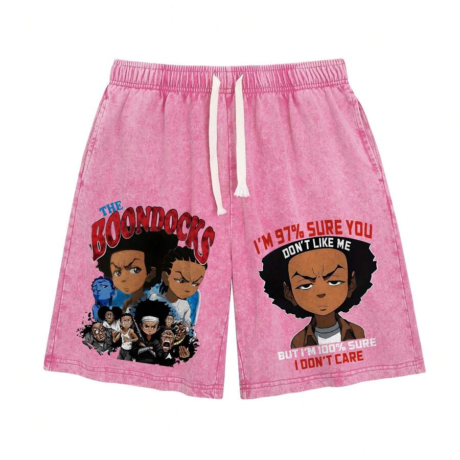 Casual Shorts Brown Boondocks Anime Print I'm Still Sure You Don't Like Me For Daily Wear Cartoon Graphic Shorts - Hồng - Xem 1