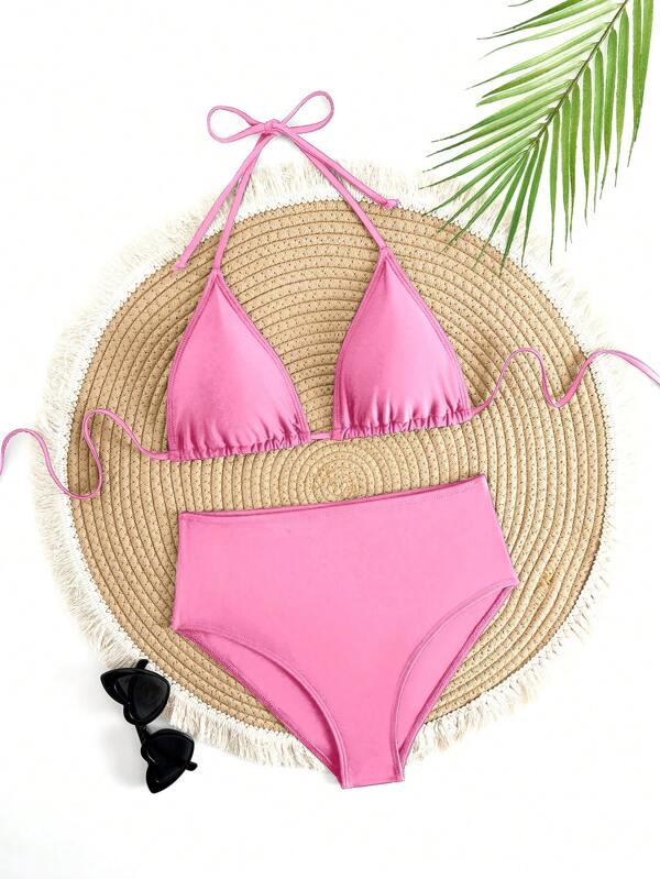 Solid Color Tie Adjustable Bust Triangle Cup Sexy Bikini, High-Waisted Swimsuit