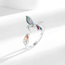 Fashionable And Simple Adjustable Hummingbird Ring For Women Inlaid With Colorful Zirconia Sterling Silver Animal Rings Suitable For Friends Daily Clothing - Hummingbird Ring - View 11