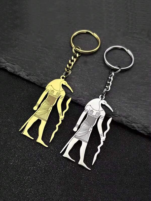 Vintage Stainless Steel Anubis Egyptian God Keychain, Gold Silver Tone Keyring Charm Pendant Unisex Gifts For Party, Street Style Backpack For School